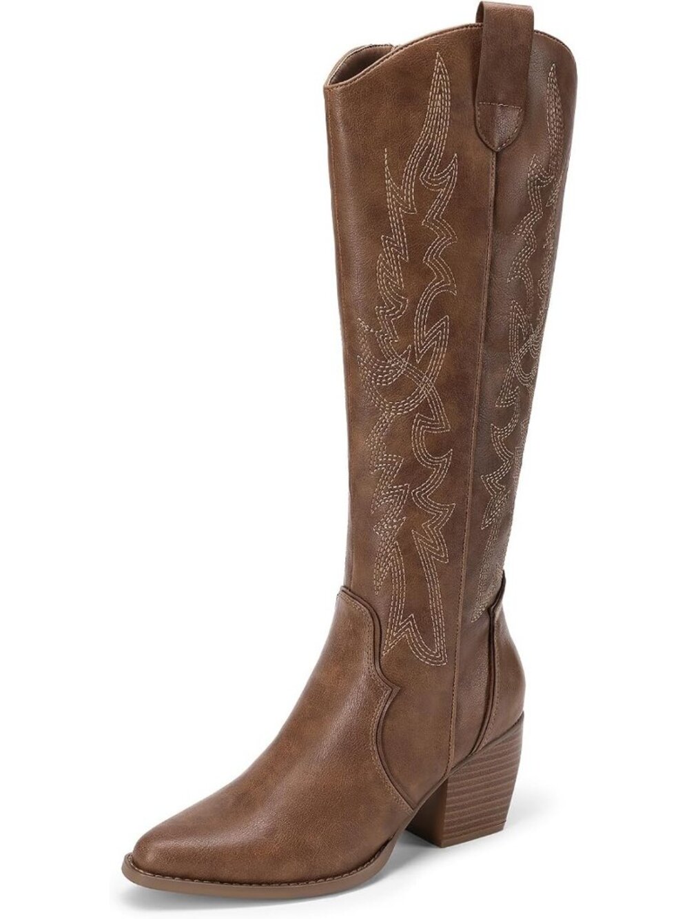Women's Light Brown Wide Calf Pull On Zipper Chunky Heel Western Knee High Boot